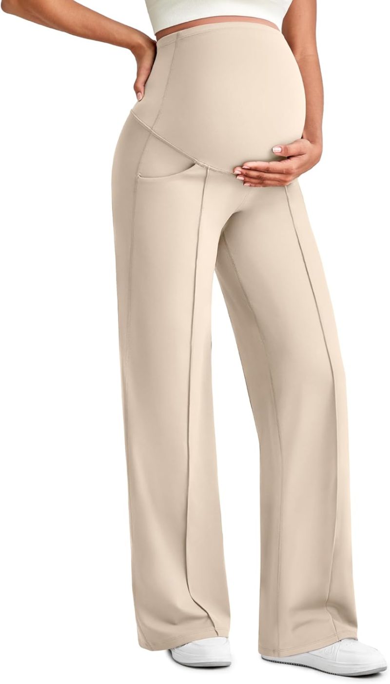 Maternity Dress Yoga Pants with Pockets Over The Belly Stretchy Work Slack Pregnancy Wide Leg Lounge Trousers