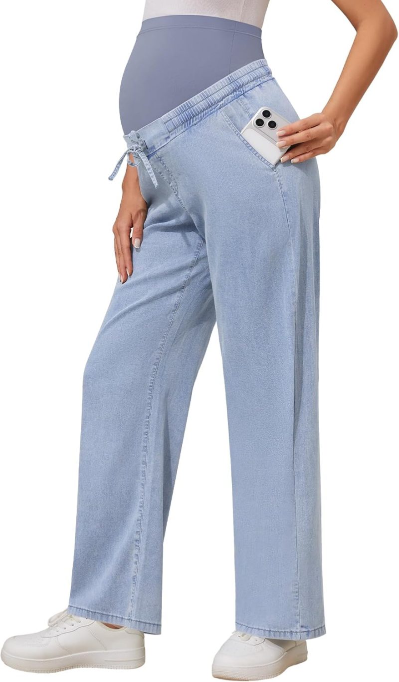 Maternity Jeans Soft Thin Denim Lightweight Comfy Stretchy Drawstring Pregnancy Pants with 2 Pockets