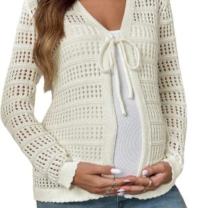 Women's Maternity Cardigan Crochet Tie V Neck Long Sleeve Pregnancy Sweaters